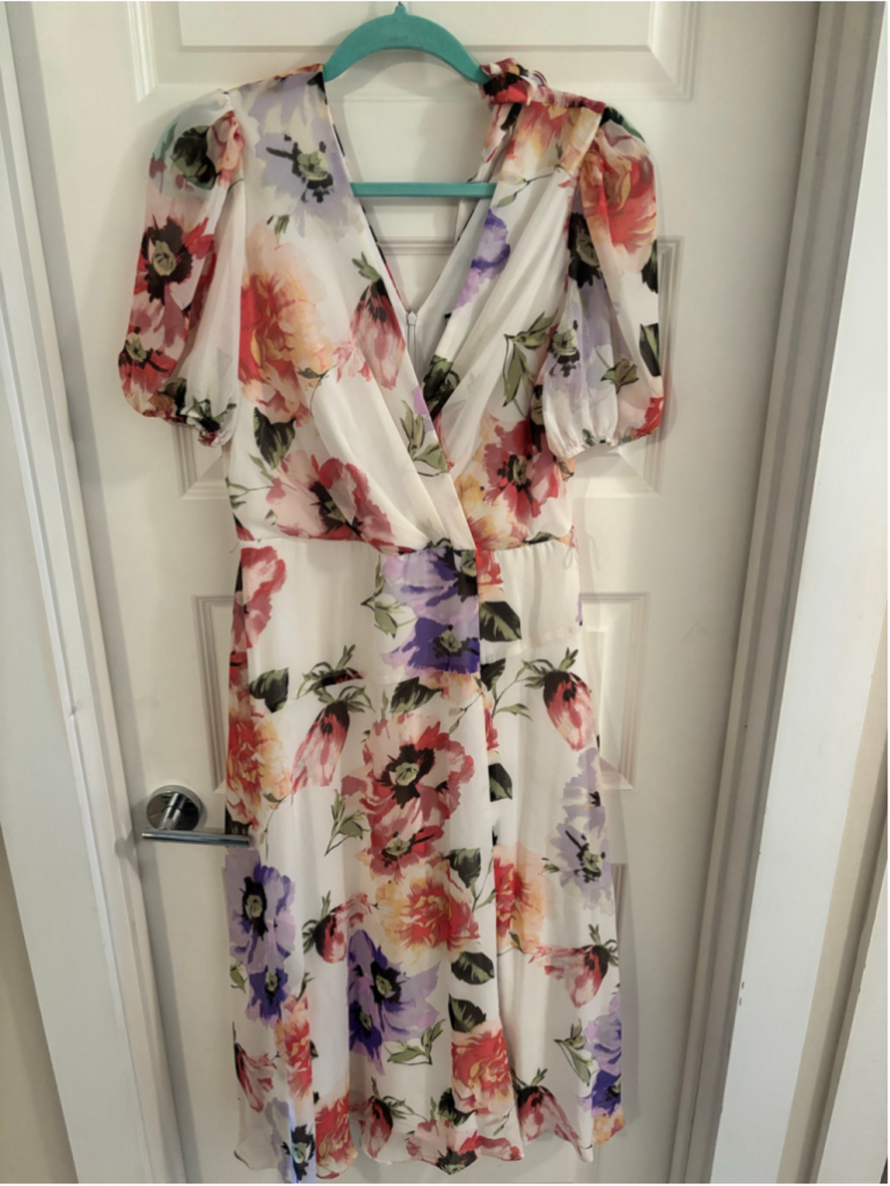 Maison Tara Floral Midi Dress 10 Faux Wrap V-Neck Puff Sleeve Cream Wedding Gues